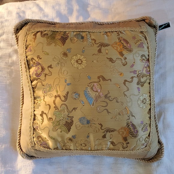 Embroidered silk accent pillow in tan, gold, light blue, pink, 15" square - Picture 2 of 12